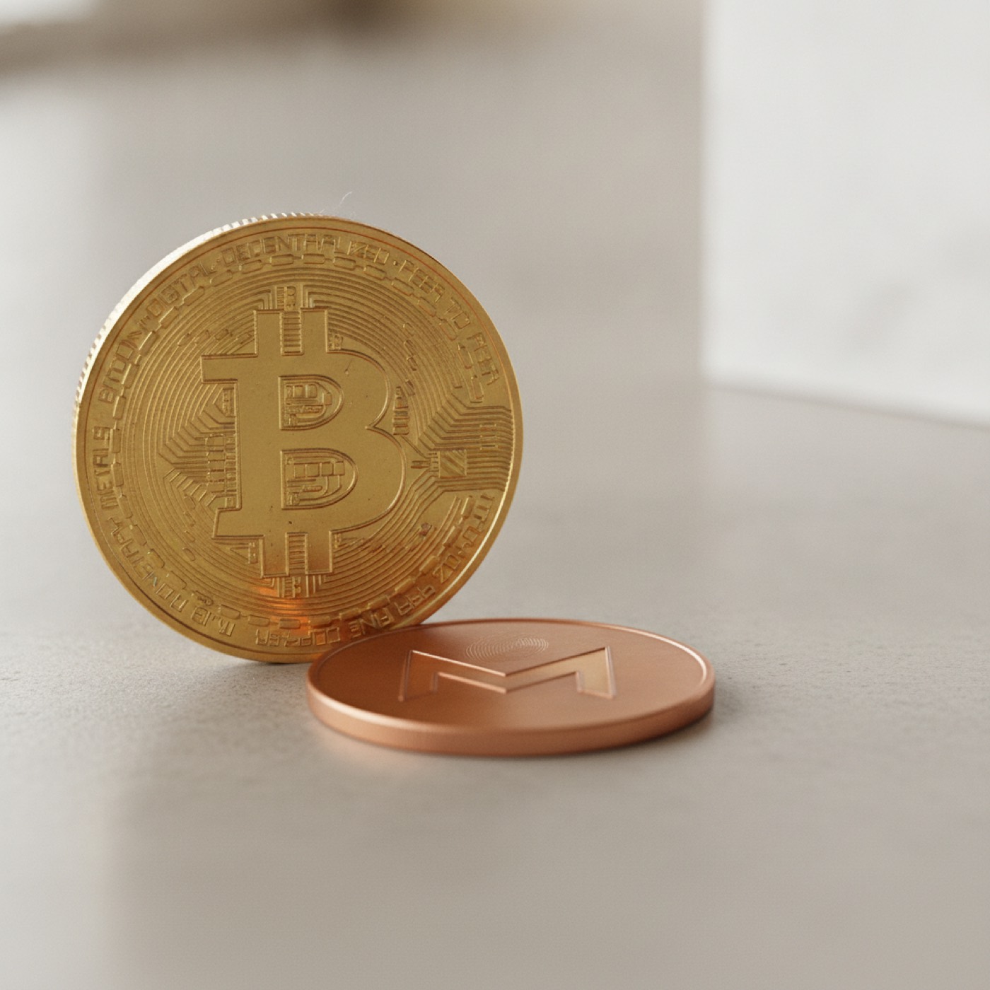 A Monero coin standing next to a Bitcoin coin on a dark textured board